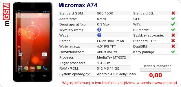 Dane telefonu Micromax A74 Dane telefonu Micromax A74