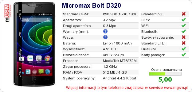 Dane telefonu Micromax Bolt D320