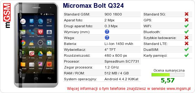 Dane telefonu Micromax Bolt Q324