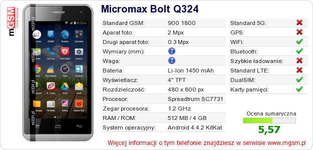 Dane telefonu Micromax Bolt Q324 Dane telefonu Micromax Bolt Q324