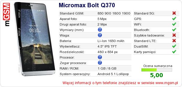 Dane telefonu Micromax Bolt Q370 Dane telefonu Micromax Bolt Q370