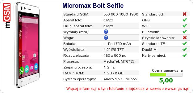 Dane telefonu Micromax Bolt Selfie Dane telefonu Micromax Bolt Selfie