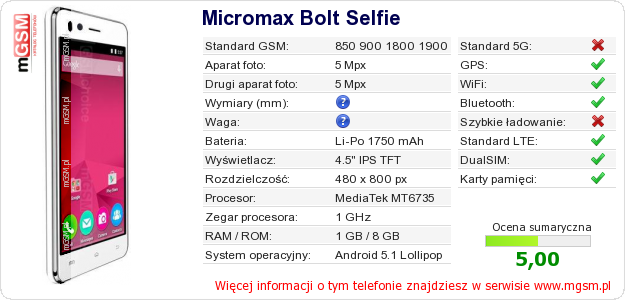 Dane telefonu Micromax Bolt Selfie Dane telefonu Micromax Bolt Selfie