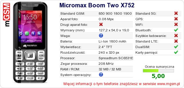 Dane telefonu Micromax Boom Two X752 Dane telefonu Micromax Boom Two X752