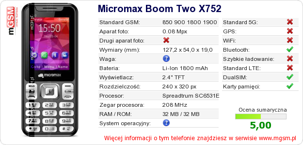 Dane telefonu Micromax Boom Two X752 Dane telefonu Micromax Boom Two X752