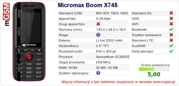 Dane telefonu Micromax Boom X748