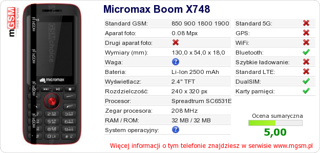 Dane telefonu Micromax Boom X748 Dane telefonu Micromax Boom X748