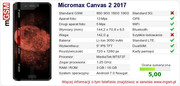 Dane telefonu Micromax Canvas 2 2017 Dane telefonu Micromax Canvas 2 2017