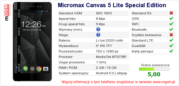 Dane telefonu Micromax Canvas 5 Lite Special Edition Dane telefonu Micromax Canvas 5 Lite Special Edition