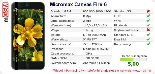 Dane telefonu Micromax Canvas Fire 6