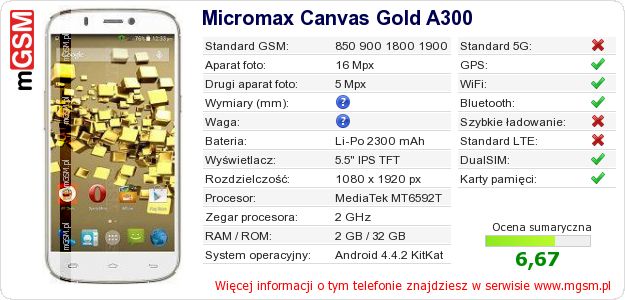 Dane telefonu Micromax Canvas Gold A300