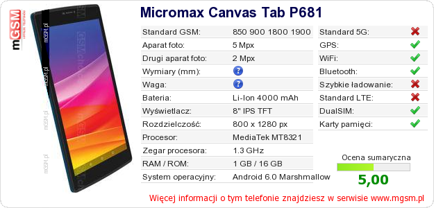 Dane telefonu Micromax Canvas Tab P681