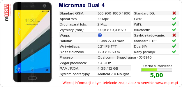 Dane telefonu Micromax Dual 4