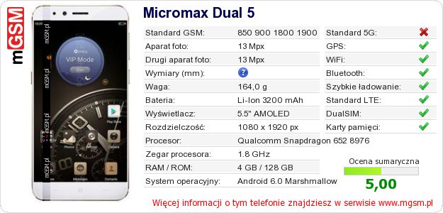 Dane telefonu Micromax Dual 5 Dane telefonu Micromax Dual 5