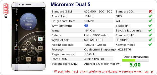 Dane telefonu Micromax Dual 5