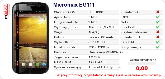 Dane telefonu Micromax EG111