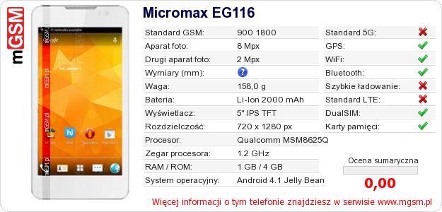 Dane telefonu Micromax EG116 Dane telefonu Micromax EG116