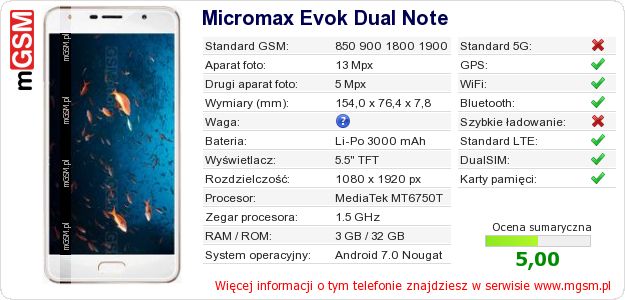 Dane telefonu Micromax Evok Dual Note Dane telefonu Micromax Evok Dual Note
