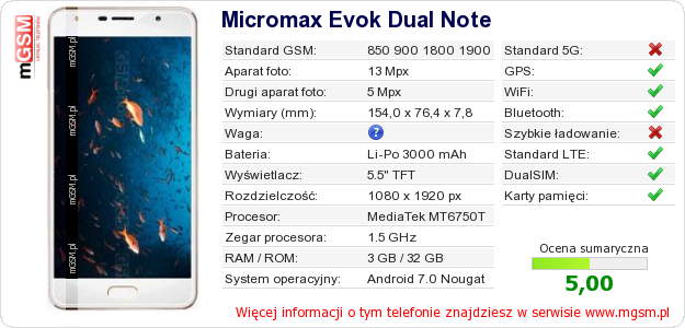 Dane telefonu Micromax Evok Dual Note