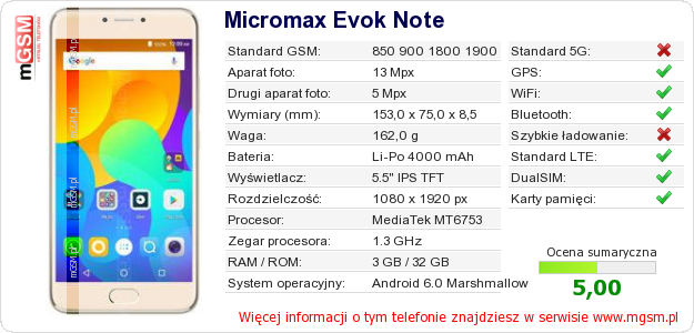 Dane telefonu Micromax Evok Note Dane telefonu Micromax Evok Note