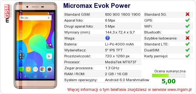 Dane telefonu Micromax Evok Power
