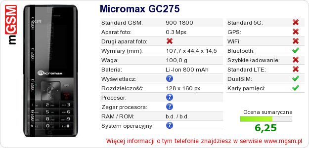 Dane telefonu Micromax GC275