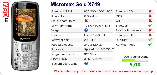 Dane telefonu Micromax Gold X749