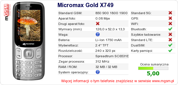 Dane telefonu Micromax Gold X749