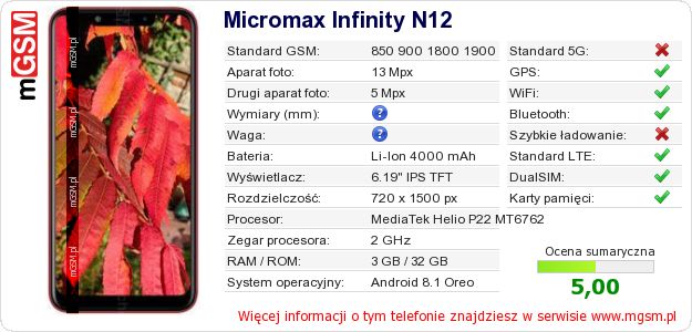 Dane telefonu Micromax Infinity N12 Dane telefonu Micromax Infinity N12