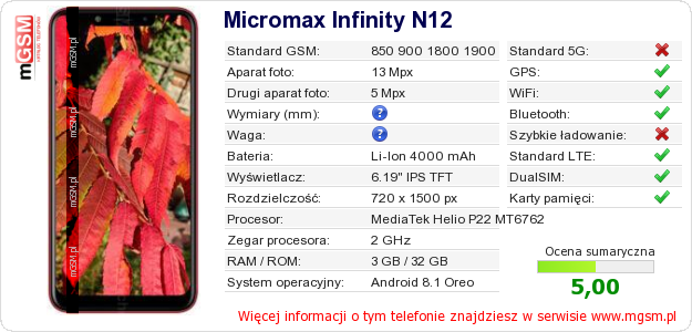 Dane telefonu Micromax Infinity N12
