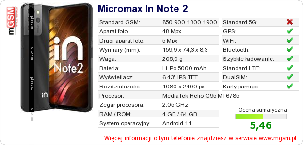 Dane telefonu Micromax In Note 2