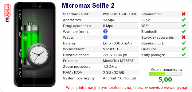 Dane telefonu Micromax Selfie 2