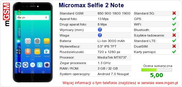 Dane telefonu Micromax Selfie 2 Note Dane telefonu Micromax Selfie 2 Note