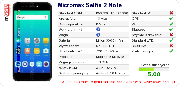 Dane telefonu Micromax Selfie 2 Note
