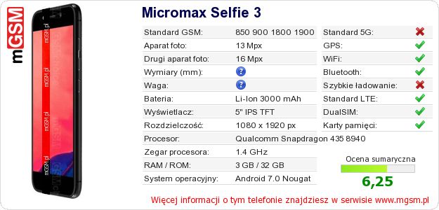 Dane telefonu Micromax Selfie 3 Dane telefonu Micromax Selfie 3