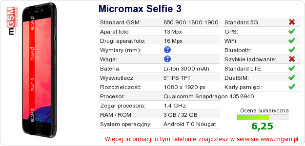 Dane telefonu Micromax Selfie 3 Dane telefonu Micromax Selfie 3