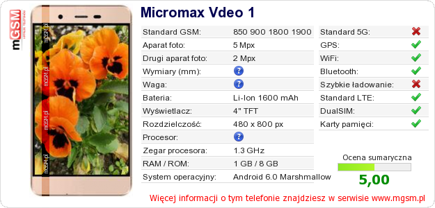 Dane telefonu Micromax Vdeo 1