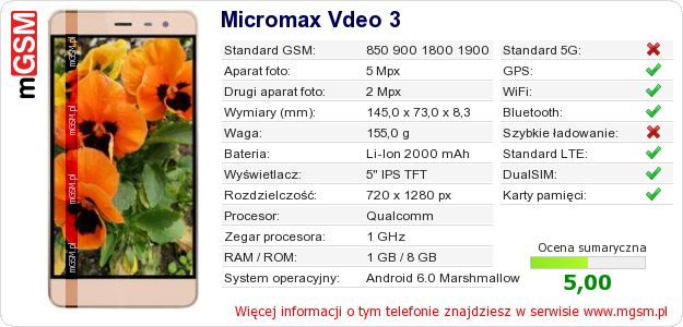 Dane telefonu Micromax Vdeo 3