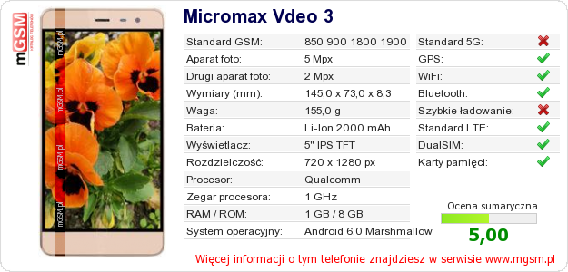 Dane telefonu Micromax Vdeo 3