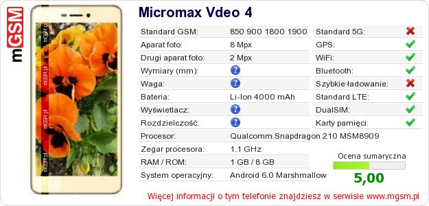 Dane telefonu Micromax Vdeo 4 Dane telefonu Micromax Vdeo 4