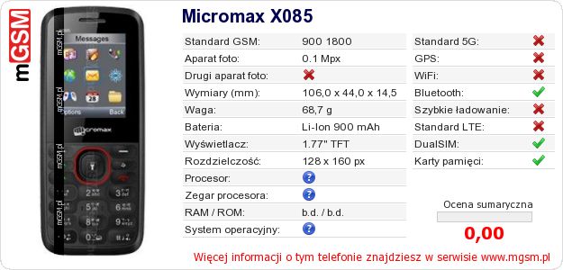Dane telefonu Micromax X085