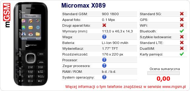 Dane telefonu Micromax X089 Dane telefonu Micromax X089