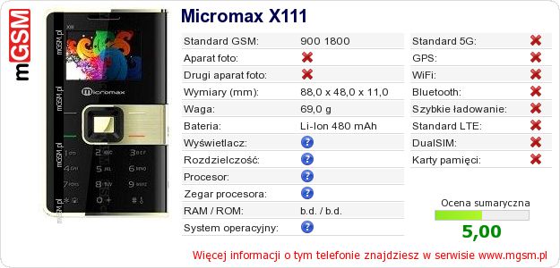Dane telefonu Micromax X111 Dane telefonu Micromax X111