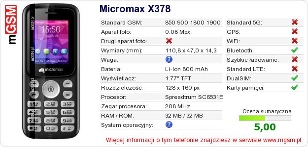 Dane telefonu Micromax X378