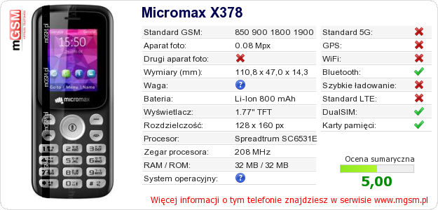 Dane telefonu Micromax X378