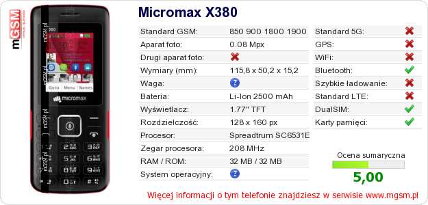 Dane telefonu Micromax X380