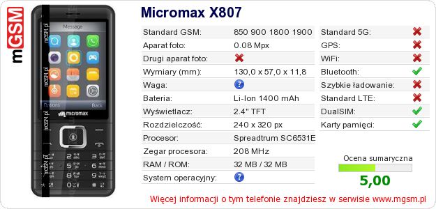 Dane telefonu Micromax X807 Dane telefonu Micromax X807