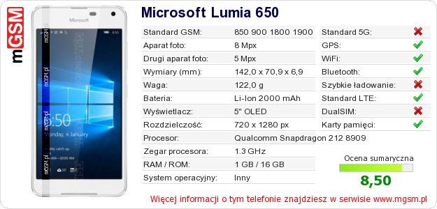 Dane telefonu Microsoft Lumia 650 Dane telefonu Microsoft Lumia 650