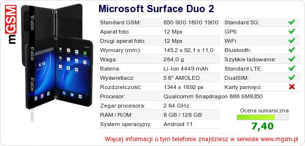 Dane telefonu Microsoft Surface Duo 2