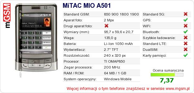 Dane telefonu MiTAC MIO A501 Dane telefonu MiTAC MIO A501